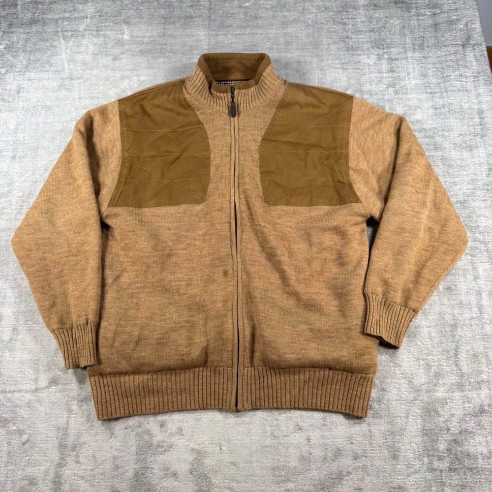 Orvis Sweater Mens Large Tan Wool Full Zip Quilted Shooting shoulder Patch